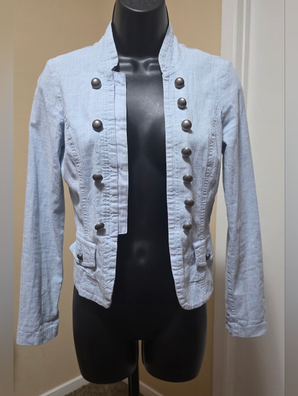 Stoosh Light Blue Military-Style Women's Blazer with Decorative Buttons